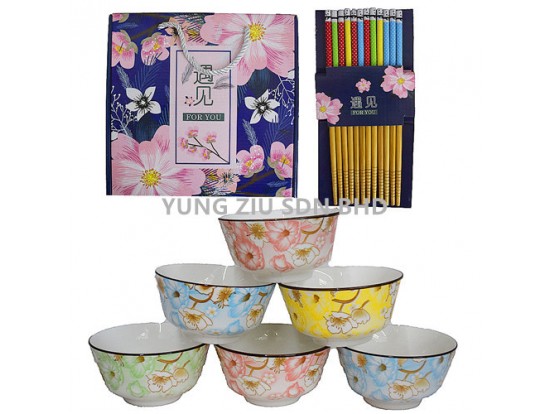 6PCS 4.25^ BOWL+6 PAIR CHOPSTICKS SET(JASMINE)